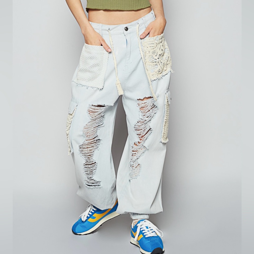 POL Women's Distressed Light Blue Jeans with Cream Accents